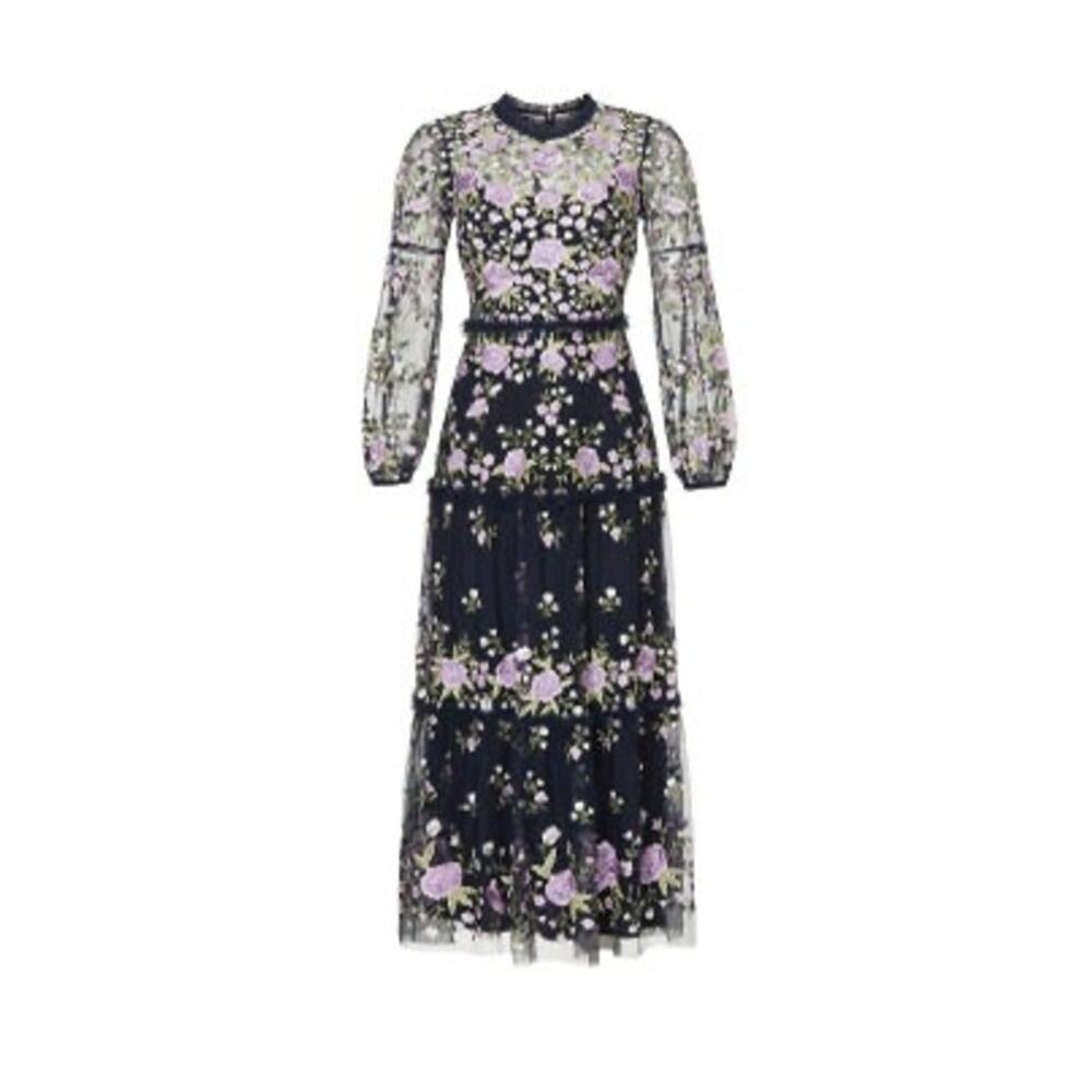 MAC DUGGAL Purple Embroidered Puff Sleeve Floral Tiered Dress Gown Size 6 - Picture 6 of 9